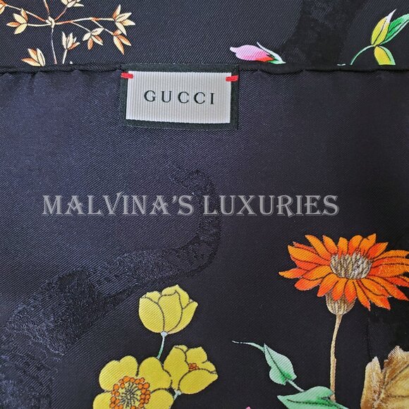 GUCCI SCARF SINE AMORE FLORAL BOUQUET FLORA BLACK SILK TWILL SQUARE 35" - Picture 12 of 12